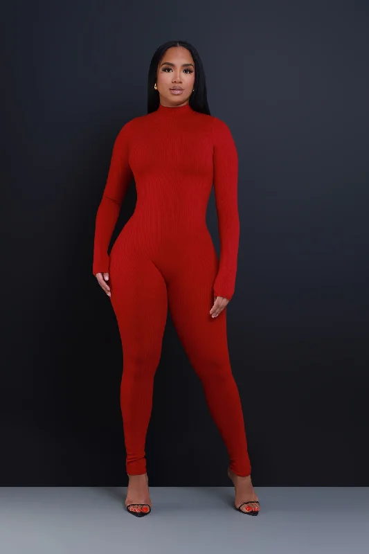 Tap Out Cellulite Deleter Mock Neck Jumpsuit - Ruby