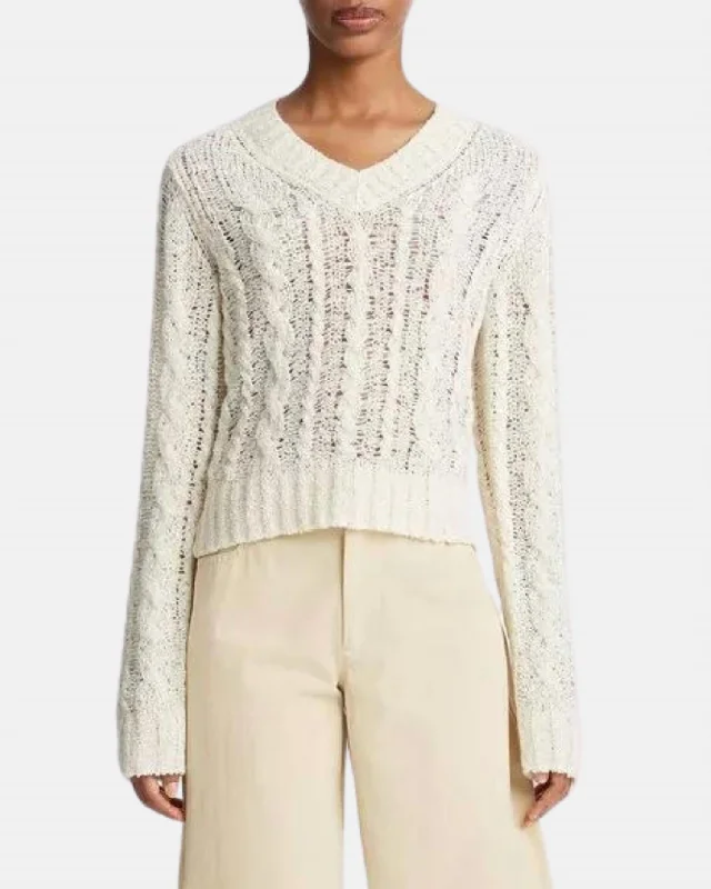 Textured Cable V Neck Sweater In Cream