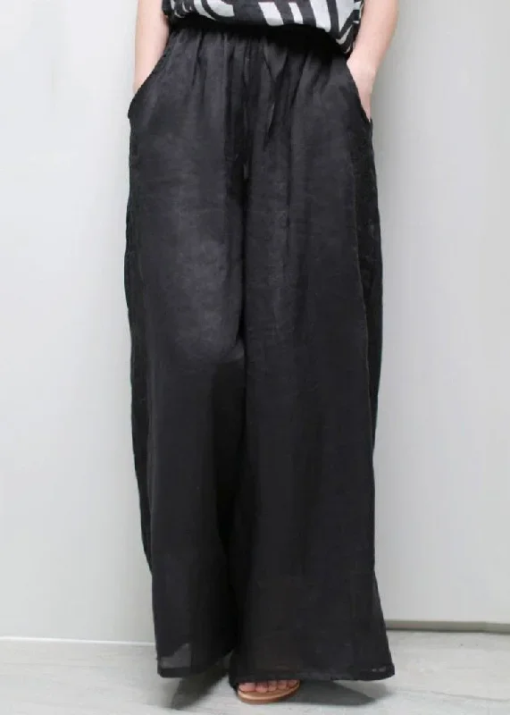 top-quality-black-pockets-elastic-waist-thin-linen-wide-leg-pants-spring