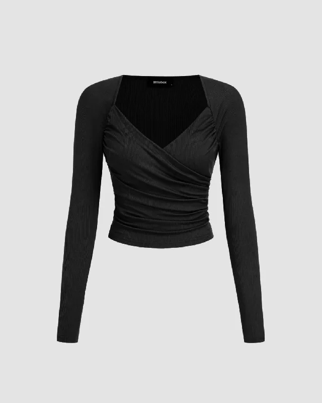 V Neck Wrapped Long Sleeve Black Crop Top