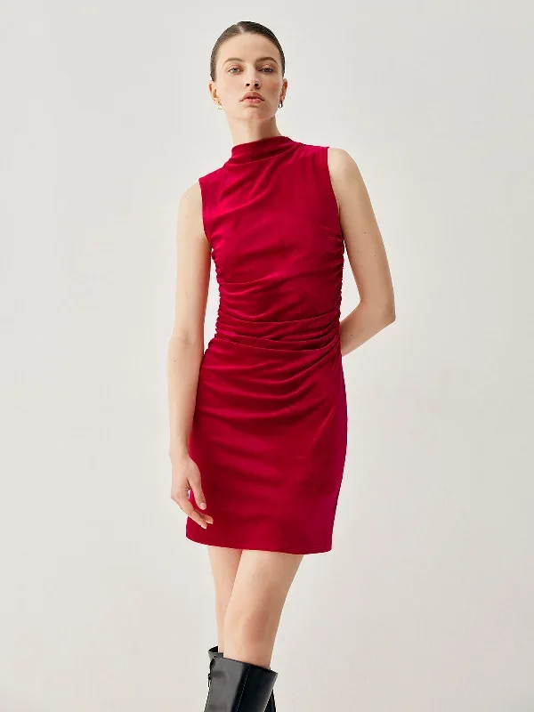 velvet-pleated-mock-neck-short-dress