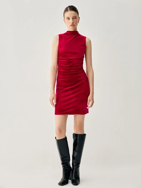 velvet-pleated-mock-neck-short-dress