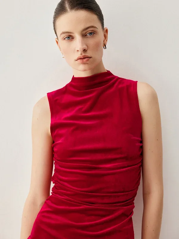 velvet-pleated-mock-neck-short-dress