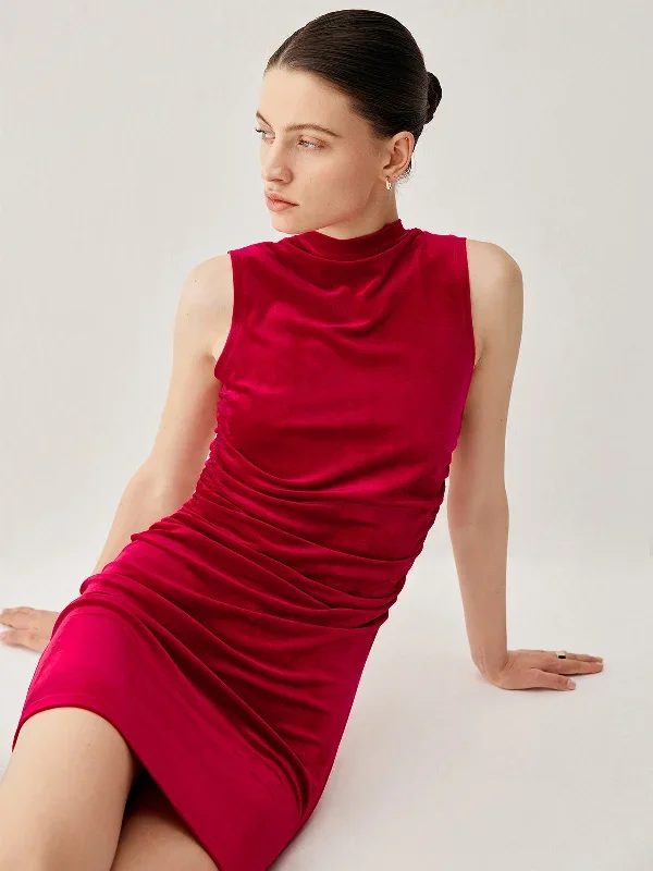 velvet-pleated-mock-neck-short-dress