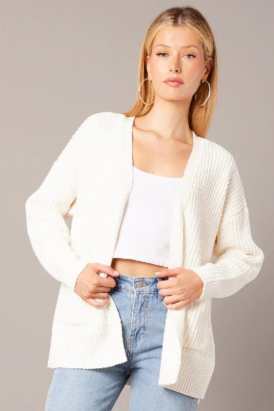 White Knit Cardigan Longline Chenille