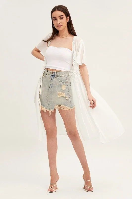 White Short Sleeve Eyelet Tie Front Kimono