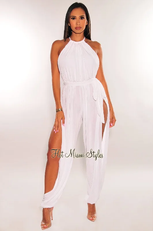 White Slit Hem Belted Harem Jumpsuit