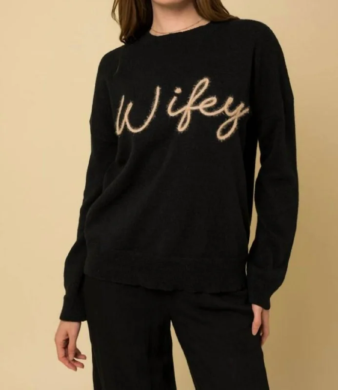 Wifey Graphic Pullover Sweater In Black