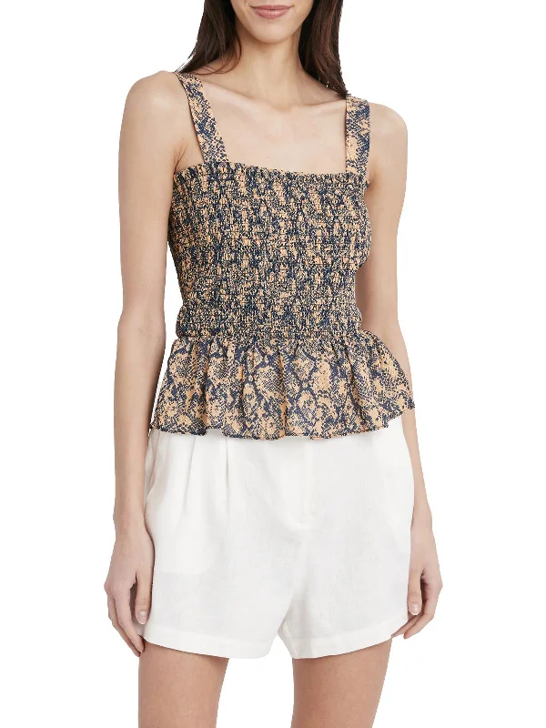 Womens Snake Print Smocked Crop Top