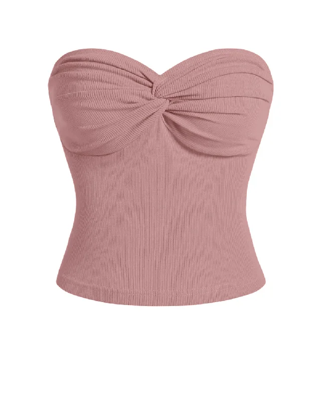 Y2K Twist Front Knitted Strapless Crop Top In Dusty Pink